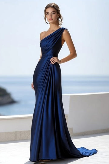 Navy Mermaid One Shoulder Long Formal Dress